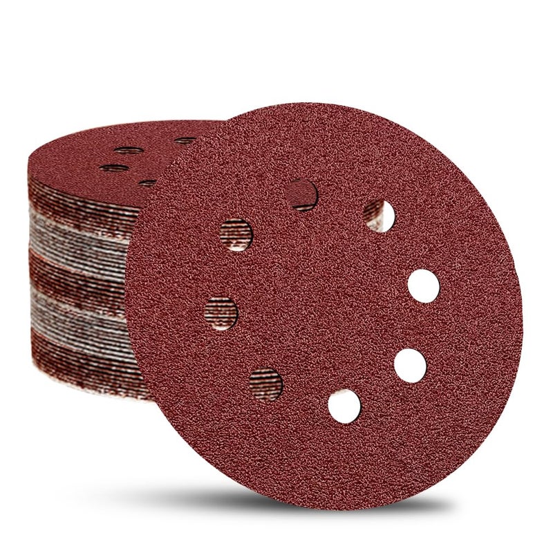 OUKEYA 52 Pack 5 Inch 8-Hole Hook and Loop Sanding Discs Sandpaper Red Round 120 Grit Sandpaper for Random Orbital Sander - Image 1